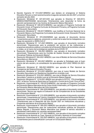 3
● Decreto Supremo N° 014-2021-MINEDU que declara en emergencia el Sistema
Educativo Peruano a nivel nacional durante el segundo semestre del año 2021 y el primer
semestre del año 2022.
● Resolución Ministerial N° 427-2013-ED que aprueba la Directiva N° 020-2013-
MINEDU/VMGPDIGEBA denominada “Orientaciones para desarrollar la forma de
atención semipresencial en los Centros de Educación Básica Alternativa”.
● Resolución Ministerial N° 649-2016-MINEDU, que aprueba el Programa Curricular de
Educación Inicial, el Programa Curricular de Educación Primaria y el Programa Curricular
de Educación Secundaria.
● Resolución Ministerial N° 159-2017-MINEDU, que modifica el Currículo Nacional de la
Educación Básica y los Programas Curriculares de Educación Inicial, Educación Primaria
y Educación Secundaria.
● Resolución Ministerial N° 972-2020/MINSA que aprueba el documento técnico
“Lineamientos para la vigilancia, prevención y control de la salud de los trabajadores con
riesgo de exposición a SARS-CoV-2”.
● Resolución Ministerial N° 121-2021-MINEDU, que aprueba el documento normativo
denominado “Disposiciones para la prestación del servicio en las instituciones y
programas educativos públicos y privados de la Educación Básica de los ámbitos urbanos
y rurales, en el marco de la emergencia sanitaria de la COVID-19”.
● Resolución Ministerial N° 189-2021-MINEDU, que aprueba el documento normativo
denominado "Disposiciones para los Comités de Gestión Escolar en las Instituciones
Educativas Públicas de Educación Básica".
● Resolución Ministerial N° 204-2021-MINEDU, que crea el Modelo de Servicios Educativo
Secundaria en Alternancia.
● Resolución Ministerial N° 245-2021-MINEDU, se aprueba la Estrategia para el buen
retorno del año escolar y la consolidación de aprendizajes 2021-2022: BRAE-CA 2021-
2022
● Resolución Ministerial N° 368-2021-MINEDU, que aprueba el Plan Nacional de
Emergencia del Sistema Educativo Peruano.
● Resolución Ministerial N° 515-2021-MINEDU, que crea el nuevo Modelo de Servicio
Educativo Secundaria con Residencia Estudiantil en el ámbito rural.
● Resolución Ministerial N° 516-2021-MINEDU, que crea el Modelo de Servicio Educativo
Secundaria Tutorial en el ámbito rural de la Educación Básica Regular.
● Resolución Ministerial N° 1218-2021-MINSA que aprueba la NTS N° 178-minsa/dgiesp-
2021, la Norma Técnica de Salud para la Prevención y Control de la Covid-19 en el Perú”.
● Resolución Viceministerial N° 034-2019-MINEDU, que aprueba el Programa Curricular
de Educación Básica Alternativa de los Ciclos Inicial e Intermedio y el Programa Curricular
de Educación Básica Alternativa del Ciclo Avanzado.
● Resolución Viceministerial N° 094-2020-MINEDU, que aprueba el documento normativo
denominado “Norma que regula la Evaluación de las Competencias de los Estudiantes
de la Educación Básica”.
● Resolución Viceministerial N° 212-2020-MINEDU, que aprueba el documento normativo
denominado “Lineamientos de Tutoría y Orientación Educativa para la Educación Básica”.
● Resolución Viceministerial N° 273-2020-MINEDU, que aprueba el documento normativo
“Orientaciones para el Desarrollo del Año Escolar 2021 en Instituciones educativas y
Programas educativos de la Educación Básica”
● Resolución Viceministerial N° 085-2021-MINEDU que aprueba el documento normativo
denominado “Disposiciones para las instituciones educativas públicas de Educación
Básica Regular y Educación Básica Alternativa que prestan el servicio educativo a
estudiantes matriculados con vacantes semipresenciales”
● Resolución Viceministerial N° 211-2021-MINEDU, que aprueba el documento normativo
“Lineamientos de Aprendo en Casa, Aprendo en Escuela y Aprendo en Comunidad”
● Resolución Viceministerial N° 222-2021-MINEDU, que aprueba el documento normativo
“Lineamientos para la diversificación curricular en la Educación Básica”.
 