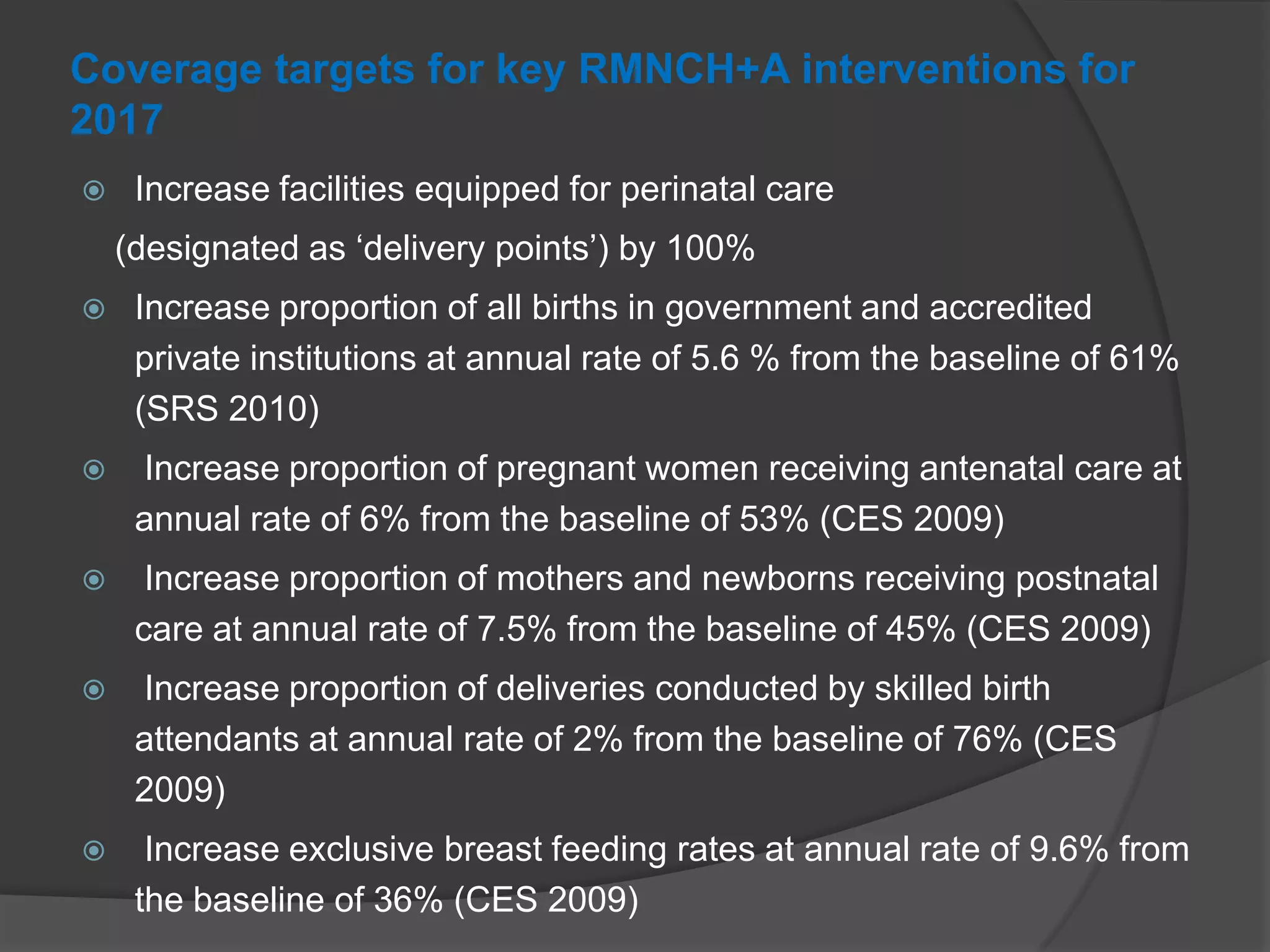 Coverage targets for key RMNCH+A interventions for
2017
 Increase facilities equipped for perinatal care
(designated as „delivery points‟) by 100%
 Increase proportion of all births in government and accredited
private institutions at annual rate of 5.6 % from the baseline of 61%
(SRS 2010)
 Increase proportion of pregnant women receiving antenatal care at
annual rate of 6% from the baseline of 53% (CES 2009)
 Increase proportion of mothers and newborns receiving postnatal
care at annual rate of 7.5% from the baseline of 45% (CES 2009)
 Increase proportion of deliveries conducted by skilled birth
attendants at annual rate of 2% from the baseline of 76% (CES
2009)
 Increase exclusive breast feeding rates at annual rate of 9.6% from
the baseline of 36% (CES 2009)
 