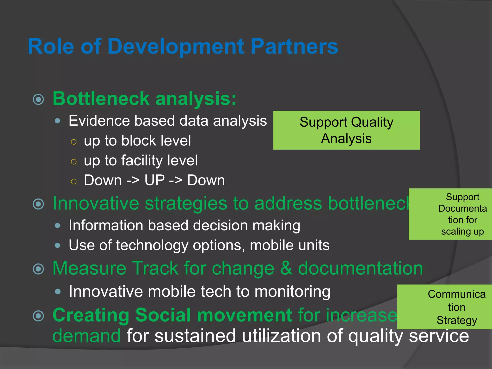 Role of Development Partners
 Bottleneck analysis:
 Evidence based data analysis
○ up to block level
○ up to facility level
○ Down -> UP -> Down
 Innovative strategies to address bottlenecks
 Information based decision making
 Use of technology options, mobile units
 Measure Track for change & documentation
 Innovative mobile tech to monitoring
 Creating Social movement for increased
demand for sustained utilization of quality service
Support Quality
Analysis
Support
Documenta
tion for
scaling up
Communica
tion
Strategy
 