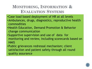 •Case load based deployment of HR at all levels
•Ambulances, drugs, diagnostics, reproductive health
commodities
•Health Education, Demand Promotion & Behavior
change communication
•Supportive supervision and use of data for
monitoring and review, including scorecards based on
HMIS
•Public grievances redressal mechanism; client
satisfaction and patient safety through all round
quality assurance
 