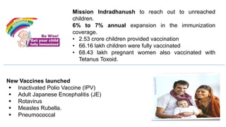 Mission Indradhanush to reach out to unreached
children.
6% to 7% annual expansion in the immunization
coverage.
• 2.53 crore children provided vaccination
• 66.16 lakh children were fully vaccinated
• 68.43 lakh pregnant women also vaccinated with
Tetanus Toxoid.
New Vaccines launched
 Inactivated Polio Vaccine (IPV)
 Adult Japanese Encephalitis (JE)
 Rotavirus
 Measles Rubella.
 Pneumococcal
 