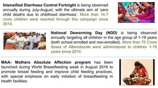 Intensified Diarrhoea Control Fortnight is being observed
annually during July-August, with the ultimate aim of ‘zero
child deaths due to childhood diarrhoea’. More than 14.7
crore children were reached through this campaign since
2014.
National Deworming Day (NDD) is being observed
annually targeting all children in the age group of 1-19 years
(both school enrolled and non-enrolled). More than 75 Crore
doses of Albendazole were administered to children 1-19
years since 2014.
MAA- Mothers Absolute Affection program has been
launched during World Breastfeeding week in August 2016 to
promote breast feeding and improve child feeding practices,
with special emphasis on early initiation of breastfeeding in
health facilities
 