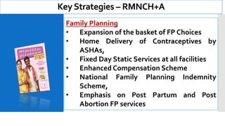 KeyStrategies – RMNCH+A
Family Planning
• Expansion of the basket of FP Choices
• Home Delivery of Contraceptives by
ASHAs,
• Fixed Day Static Services at all facilities
• Enhanced Compensation Scheme
• National Family Planning Indemnity
Scheme,
• Emphasis on Post Partum and Post
Abortion FP services
 