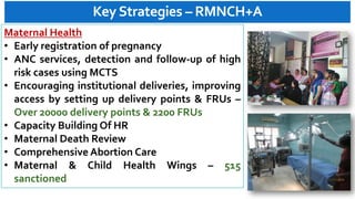 KeyStrategies – RMNCH+A
Maternal Health
• Early registration of pregnancy
• ANC services, detection and follow-up of high
risk cases using MCTS
• Encouraging institutional deliveries, improving
access by setting up delivery points & FRUs –
Over 20000 delivery points & 2200 FRUs
• Capacity Building Of HR
• Maternal Death Review
• Comprehensive Abortion Care
• Maternal & Child Health Wings – 515
sanctioned
 