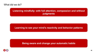 40
What did we do?
Listening mindfully: with full attention, compassion and without
judgments
Learning to see your mind’s reactivity and behavior patterns
Being aware and change your automatic habits
 