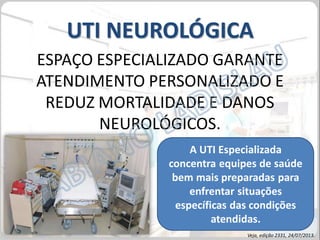 UTI NEUROLÓGICA
ESPAÇO ESPECIALIZADO GARANTE
ATENDIMENTO PERSONALIZADO E
REDUZ MORTALIDADE E DANOS
NEUROLÓGICOS.
A UTI Especializada
concentra equipes de saúde
bem mais preparadas para
enfrentar situações
específicas das condições
atendidas.
Veja, edição 2331, 24/07/2013.

 