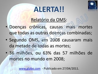 ALERTA!!
Relatório da OMS:
• Doenças crônicas, causas mais mortes
que todas as outras doenças combinadas;
• Segundo OMS, em 2008 causaram mais
da metade de todas as mortes;
• 36 milhões, ou 63% das 57 milhões de
mortes no mundo em 2008;
www.globo.com - Publicado em 27/04/2011.

 