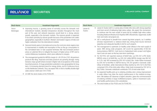 11
(Contd.)
Stock Name Investment Arguments
Larsen &
Toubro
f Larsen & Toubro (L&T) is a proxy play of India infra story with strong expertise
and track record of delivering high-value orders. We expect the momentum
to continue over the next couple of years led by multiple high-value orders
including National Infrastructure Pipeline (NIP), Bharatmala, Sagarmala, bullet
train and metro rail projects etc.
f L&T is well-placed to benefit from several big-ticket projects, as it satisfies
all basic requirements i.e. balance-sheet size, strong track record, technical
expertise and adequate liquidity to bid for such projects.
f The management is optimistic on healthy order inflows in the next couple of
years. With strong order prospects, L&T scouts for opportunities of Rs7.6tn
during balance 9MFY23. Cash burns in Hyderabad metro project and higher
input costs are seen as the key near-term overhangs.
f For 2Q FY23, L&T reported revenue of Rs427.6bn, up 23% YoY (+19% QoQ).
EBITDA came in at Rs48.9bn, up 23% YoY, while EBITDA margin was flat YoY
to 11.5%. Adj. PAT increased by 29% YoY to Rs22.3bn. Order inflow increased
by 23% YoY to Rs519bn in 2QFY23 led by 73% YoY growth in Domestic order
inflow at Rs346bn, while International inflow decline by 22% YoY to Rs173bn
comprised 33% of the total order inflow. Order book increased by 13% YoY to
Rs3,724bn. Domestic orderbook contributes 72% of total order book.
f An expected healthy pick-up in ordering activities and a sharp improvement
in order inflow may drive the stock’s performance in the medium-to-long-
term. We believe L&T deserves a higher valuation, given the commencement
of ordering activities in large multilateral projects, uptick in investment cycle,
and healthy performance of its subsidiaries.
f The stock trades at 25x FY23E and 21x FY24E EPS.
Stock Name Investment Arguments
Varun
Beverages
f Improving macros, a growing sense of normalcy across the domestic and
international markets, elevated temperature situation throughout the most
part of the year and network expansion would lead to a strong volume
growth, especially in the domestic markets. The revenue growth is expected
to be driven primarily by volume growth because of the penetration into wider
geographies, especially in Southern, Western and Eastern regions of India and
higher realization from the international markets.
f Demand trends seems to be balanced across the rural and urban regions due
to improvement in mobility and resumption of the on-the-go consumption to
the normalized level. In new acquired territories VBL had increased product
prices on selected SKUs to mitigate the impact of higher prices of PET and to
control inflationary headwinds, which were reflected in margins.
f The management guided for EBITDA margin of ~20-21% for CY22. All premium
products like Sting, Tropicana and dairy products are growing strongly. Going
forward, major growth drivers include 1) Higher rate of acceptance of the newly
launched products; 2) Huge penetration potential in new geographies for long
term; 3) Increasing demand trend for energy drinks; and 4) Continuous focus
on the distribution network. Thus, we expect VBL to clock a healthy double digit
sales volume CAGR over CY21-CY23E.
f At CMP, the stock trades at 41x FY24E EPS
 