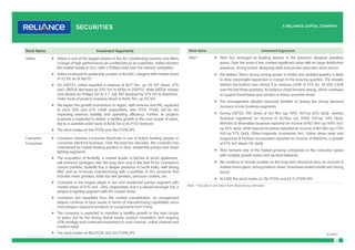 12
(Contd.)
Stock Name Investment Arguments
Voltas f Voltas is one of the largest players in the Air Conditioning industry and offers
a range of high-performance air conditioners to its customers. Voltas remains
the market leader in ACs, with a 950bps lead over the nearest competitor.
f Voltas continued its leadership position in the RAC category with market share
of 22.8% as of Sep’22.
f For 2QFY23, Voltas reported a revenue at Rs17.7bn, up 5% YoY (down 37%
QoQ. EBITDA decrease by 22% YoY to Rs1bn in 2QFY23, while EBITDA margin
was decline by 194bps YoY to 5.7. Adj. PAT declined by 37% YoY to Rs655mn.
Order book of projects business stood at Rs59.7bn, up 3% YoY
f We expect the growth momentum to regain, with revenue and PAT, expected
to clock 20% and 27% CAGR respectively, over FY22- FY24E, led by the
improving revenue visibility and operating efficiency. Further, its projects
business is expected to deliver a healthy growth in the next couple of years,
led by a sizeable order book of Rs58.1bn (2.4x FY22 revenue).
f The stock trades at 54x FY23E and 38x FY24E EPS.
Crompton
Consumer
f Crompton Greaves Consumer Electricals is one of India’s leading players in
consumer electrical business. Over the past two decades, the company has
maintained its market leading position in fans, residential pumps and street
lighting segments.
f The acquisition of Butterfly, a market leader in kitchen & small appliances,
will enhance synergies over the long term and is the best fit for Crompton’s
current portfolio. Butterfly has a deeper presence in South India, with strong
R&D and an in-house manufacturing with a portfolio of 20+ products that
includes mixer grinders, table top wet grinders, pressure cookers, etc.
f Crompton is the largest player in fan and residential pumps segment with
market share of 27% and ~28%, respectively and it is placed amongst Top-3
players in lighting segment with 8% market share.
f Crompton has benefited from the market consolidation, as unorganized
players continue to face issues in terms of manufacturing capabilities since
most players outsource products or components from China.
f The company is expected to maintain a healthy growth in the next couple
of years, led by the strong brand equity, product innovation and ongoing
GTM strategy and continued investment in rural channel, online channel and
modern retail.
f The stock trades at 40x FY23E and 32x FY24E EPS.
Stock Name Investment Arguments
Titan* f Titan has emerged as leading players in the premium designer jewellery
space. Over the years it has created significant value with its large distribution
presence, strong brand, designing skills and proven execution track record.
f We believe Titan’s strong pricing power in bridal and studded jewelry is likely
to drive meaningful expansion in margin in the ensuing quarters. The Jewelry
division (ex-bullion) saw strong 3-yr revenue CAGR of 27% (vs. 18-20% CAGR
over the last three quarters). Its balance sheet remains strong, which continues
to support franchisees and vendors in these uncertain times.
f The management alluded improved footfalls to driving the strong demand
recovery across business segments.
f During 1QFY23, PAT stood at Rs7.9bn (up 149% YoY/up 62% QoQ). Jewelry
business registered an income of Rs76bn (up 208% YoY/up 24% QoQ).
Watches & Wearables business reported an income of Rs7.9bn (up 169% YoY/
up 26% QoQ), while Eyecare business reported an income of Rs1.8bn (up 173%
YoY/up 37% QoQ). Other/corporate businesses (incl. Indian dress wear and
Fragrances & Fashion accessories) reported an income of Rs810mn, a growth
of 27% YoY (down 9% QoQ).
f Titan remains one of the fastest-growing companies in the consumer space
with multiple growth levers and sectoral tailwinds.
f We continue to remain positive on the long-term structural story on account of
market share gains, strong balance sheet, franchisee based model and strong
brand.
f At CMP, the stock trades at 78x FY23E and 63.7x FY24E EPS.
Note: * Valuations are taken from Bloomberg estimates
 