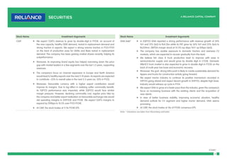 8
(Contd.)
Note: * Valuations are taken from Bloomberg estimates
Stock Name Investment Arguments
GNA Axle* f In 2QFY23 GNA reported a strong performance with revenue growth of 24%
YoY and 12% QoQ to Rs4.2bn while its PAT grew by 36% YoY and 23% QoQ to
Rs334mn. EBITDA margin stood at 14.3% (up 6bps YoY/ up 83bps QoQ).
f The company has sizable exposure to domestic tractors and overseas CV
markets, which are expected to recover gradually from this level.
f We believe NA class 8 truck production level to improve with ease in
semiconductor supply and would grow by double digit in CY23E. Domestic
M&HCV truck market is also expected to grow in double digit in FY23E on the
back of multi-year low base and economic recovery.
f Moreover, the govt. strong Infra push is likely to create sustainable demand for
tippers and trucks for construction activity going forward.
f We expect tractor industry to continue its positive momentum recorded in
1HFY23 going ahead and expect decent growth in 2HFY23, despite high base.
Industry would witness up cycle in FY24.
f We expect GNA to grow at a faster pace than the industry, given the company’s
focus on increasing business with the existing clients and the acquisition of
new clients.
f In view of better business visibility, improving economic situation, healthy
demand outlook for CV segment and higher tractor demand, GNA seems
promising.
f At CMP, the stock trades at 14x of FY24E consensus EPS.
Stock Name Investment Arguments
CEAT f We expect CEAT’s revenue to grow by double-digit in FY23E, on account of
the new capacity, healthy OEM demand, revival in replacement demand and
strong traction in exports. We expect a strong volume traction in FY23-FY24
on the back of production ease for OEMs and likely revival in replacement
demand. The company has been gaining market shares recently, helping its
outperformance.
f Moreover, its improving brand equity has helped narrowing down the price
gap with market leaders in a few segments over the last 1-2 years, supporting
revenues.
f The company’s focus on channel expansion in Europe and North America
would lead to healthy exports over the next 5-10 years. Its exports are expected
to contribute ~25% to overall sales in the next 2-3 years (vs. 20% in FY22).
f Moreover, favourable currency with a higher export contribution would
improve its margins. Due to lag effect in realising softer commodity benefit,
its 1QFY23 performance was impacted, while 2QFY23 would face similar
margin pressure. However, declining commodity cost, regular price hike by
the company and better export realisation on favourable exchange rate would
aid operating margins in 2HFY23E and FY24E. We expect CEAT’s margins to
expand by 290bps to 10.5% over FY22-FY24E.
f At CMP, the stock trades at 11.9x FY24E EPS.
 