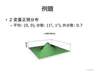 例題
• 2 変量正規分布
 – 平均: (0, 0)，分散: (12, 12)，共分散: 0.7




                                      © RecycleBin
 