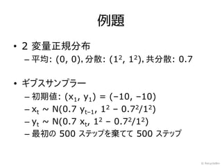 例題
• 2 変量正規分布
 – 平均: (0, 0)，分散: (12, 12)，共分散: 0.7

• ギブスサンプラー
 – 初期値: (x1, y1) = (–10, –10)
 – xt ~ N(0.7 yt–1, 12 – 0.72/12)
 – yt ~ N(0.7 xt, 12 – 0.72/12)
 – 最初の 500 ステップを棄てて 500 ステップ


                                      © RecycleBin
 