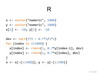 R
x <- vector("numeric", 1000)
y <- vector("numeric", 1000)
x[1] <- -10; y[1] <- -10

dev <- sqrt(1^2 - 0.7^2/1^2)
for (index in 2:1000) {
  x[index] <- rnorm(1, 0.7*y[index-1], dev)
  y[index] <- rnorm(1, 0.7*x[index], dev)
}
x <- x[-(1:500)]; y <- y[-(1:500)]

                                              © RecycleBin
 