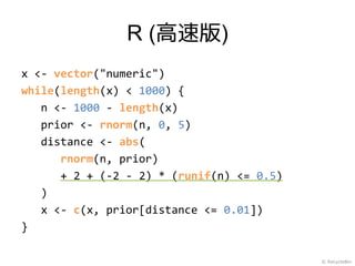 R (高速版)
x <- vector("numeric")
while(length(x) < 1000) {
   n <- 1000 - length(x)
   prior <- rnorm(n, 0, 5)
   distance <- abs(
      rnorm(n, prior)
      + 2 + (-2 - 2) * (runif(n) <= 0.5)
   )
   x <- c(x, prior[distance <= 0.01])
}

                                           © RecycleBin
 