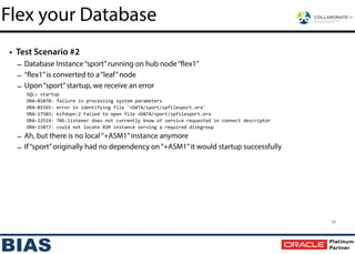 • Test Scenario #2
– Database Instance“sport”running on hub node“flex1”
– “flex1”is converted to a“leaf”node
– Upon“sport”startup, we receive an error
SQL>	
  startup	
  
ORA-­‐01078:	
  failure	
  in	
  processing	
  system	
  parameters	
  
ORA-­‐01565:	
  error	
  in	
  identifying	
  file	
  '+DATA/sport/spfilesport.ora'	
  
ORA-­‐17503:	
  ksfdopn:2	
  Failed	
  to	
  open	
  file	
  +DATA/sport/spfilesport.ora	
  
ORA-­‐12514:	
  TNS:listener	
  does	
  not	
  currently	
  know	
  of	
  service	
  requested	
  in	
  connect	
  descriptor	
  
ORA-­‐15077:	
  could	
  not	
  locate	
  ASM	
  instance	
  serving	
  a	
  required	
  diskgroup	
  
– Ah, but there is no local“+ASM1”instance anymore
– If“sport”originally had no dependency on“+ASM1”it would startup successfully
56
Flex your Database
 