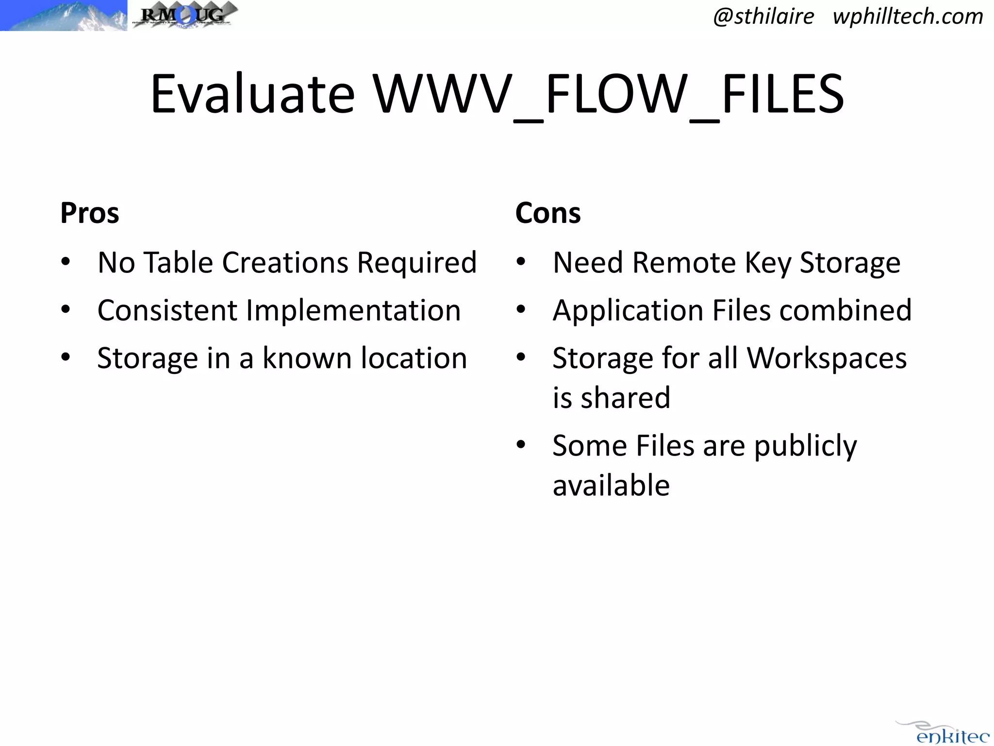 @sthilaire wphilltech.com

Evaluate WWV_FLOW_FILES
Pros
• No Table Creations Required
• Consistent Implementation
• Storage in a known location

Cons
• Need Remote Key Storage
• Application Files combined
• Storage for all Workspaces
is shared
• Some Files are publicly
available

 