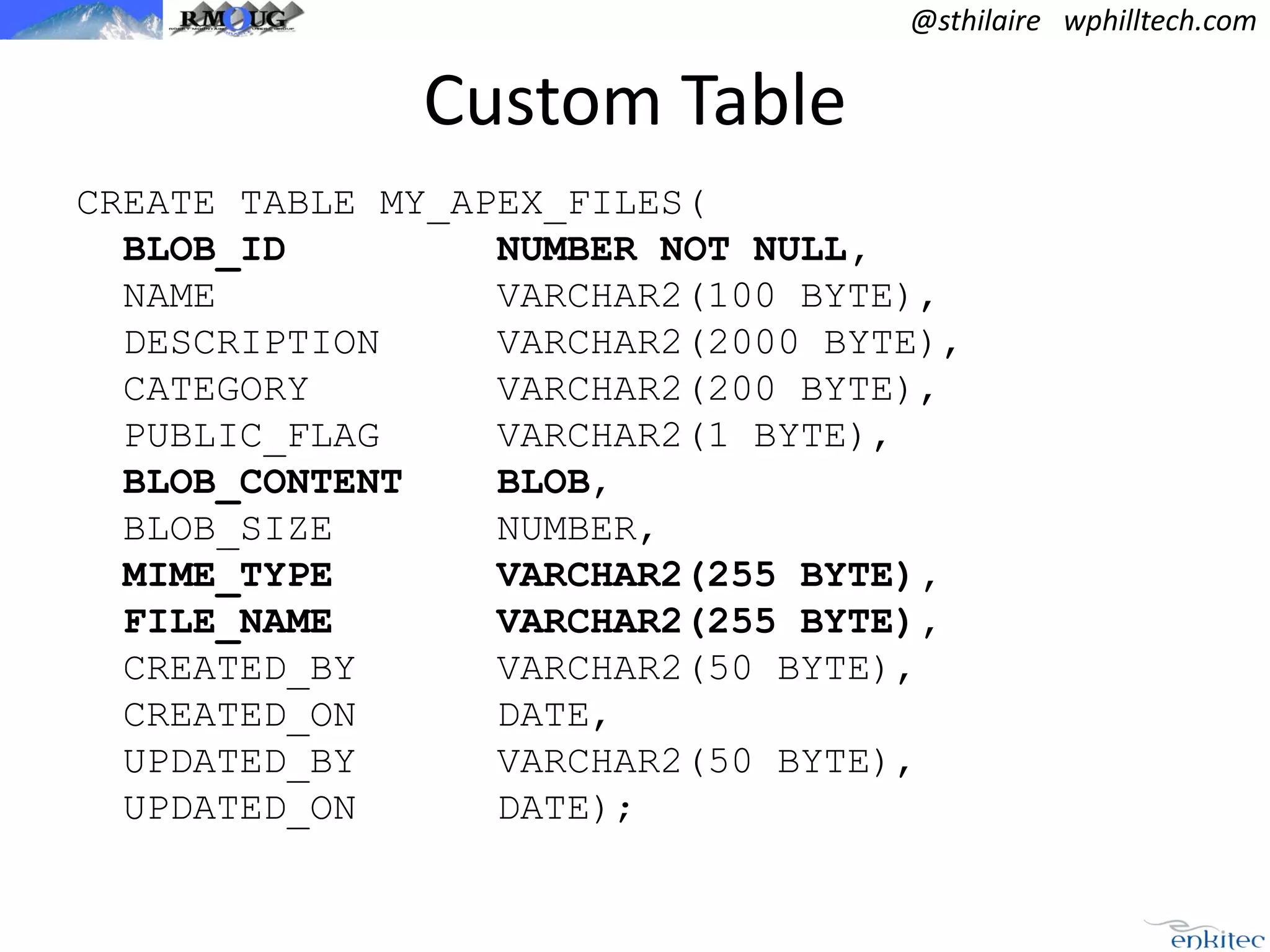 @sthilaire wphilltech.com

Custom Table
CREATE TABLE MY_APEX_FILES(
BLOB_ID
NUMBER NOT NULL,
NAME
VARCHAR2(100 BYTE),
DESCRIPTION
VARCHAR2(2000 BYTE),
CATEGORY
VARCHAR2(200 BYTE),
PUBLIC_FLAG
VARCHAR2(1 BYTE),
BLOB_CONTENT
BLOB,
BLOB_SIZE
NUMBER,
MIME_TYPE
VARCHAR2(255 BYTE),
FILE_NAME
VARCHAR2(255 BYTE),
CREATED_BY
VARCHAR2(50 BYTE),
CREATED_ON
DATE,
UPDATED_BY
VARCHAR2(50 BYTE),
UPDATED_ON
DATE);

 