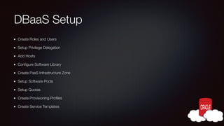 DBaaS Setup
Create Roles and Users
Setup Privilege Delegation
Add Hosts
Conﬁgure Software Library
Create PaaS Infrastructure Zone
Setup Software Pools
Setup Quotas
Create Provisioning Proﬁles
Create Service Templates

 