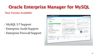New Version Available!
20
• MySQL 5.7 Support
• Enterprise Audit Support
• Enterprise Firewall Support
 
