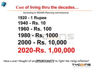 1920 - 1 Rupee 1940 - Rs. 10 1960 - Rs. 100 1980 - Rs. 1000 2000 - Rs. 10,000 2020-Rs. 1,00,000 Cost  of living thru the decades… According to INDIAN Planning commissioner Have u ever thought of an  OPPORTUNITY  to fight the rising inflation? 