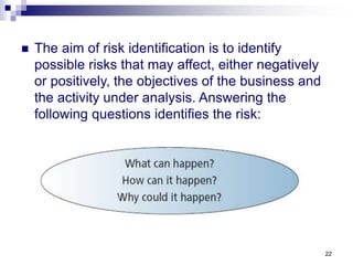 22
 The aim of risk identification is to identify
possible risks that may affect, either negatively
or positively, the objectives of the business and
the activity under analysis. Answering the
following questions identifies the risk:
 