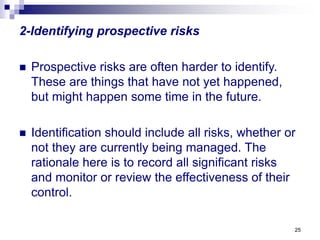 25
2-Identifying prospective risks
 Prospective risks are often harder to identify.
These are things that have not yet happened,
but might happen some time in the future.
 Identification should include all risks, whether or
not they are currently being managed. The
rationale here is to record all significant risks
and monitor or review the effectiveness of their
control.
 