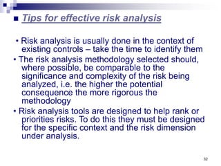 32
 Tips for effective risk analysis
• Risk analysis is usually done in the context of
existing controls – take the time to identify them
• The risk analysis methodology selected should,
where possible, be comparable to the
significance and complexity of the risk being
analyzed, i.e. the higher the potential
consequence the more rigorous the
methodology
• Risk analysis tools are designed to help rank or
priorities risks. To do this they must be designed
for the specific context and the risk dimension
under analysis.
 