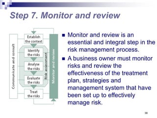 38
Step 7. Monitor and review
 Monitor and review is an
essential and integral step in the
risk management process.
 A business owner must monitor
risks and review the
effectiveness of the treatment
plan, strategies and
management system that have
been set up to effectively
manage risk.
 
