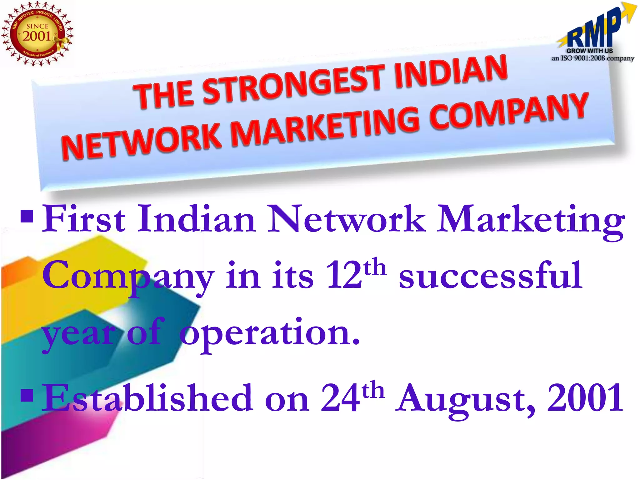  First Indian Network Marketing
  Company in its 12th successful
  year of operation.
 Established on   24 th   August, 2001
 