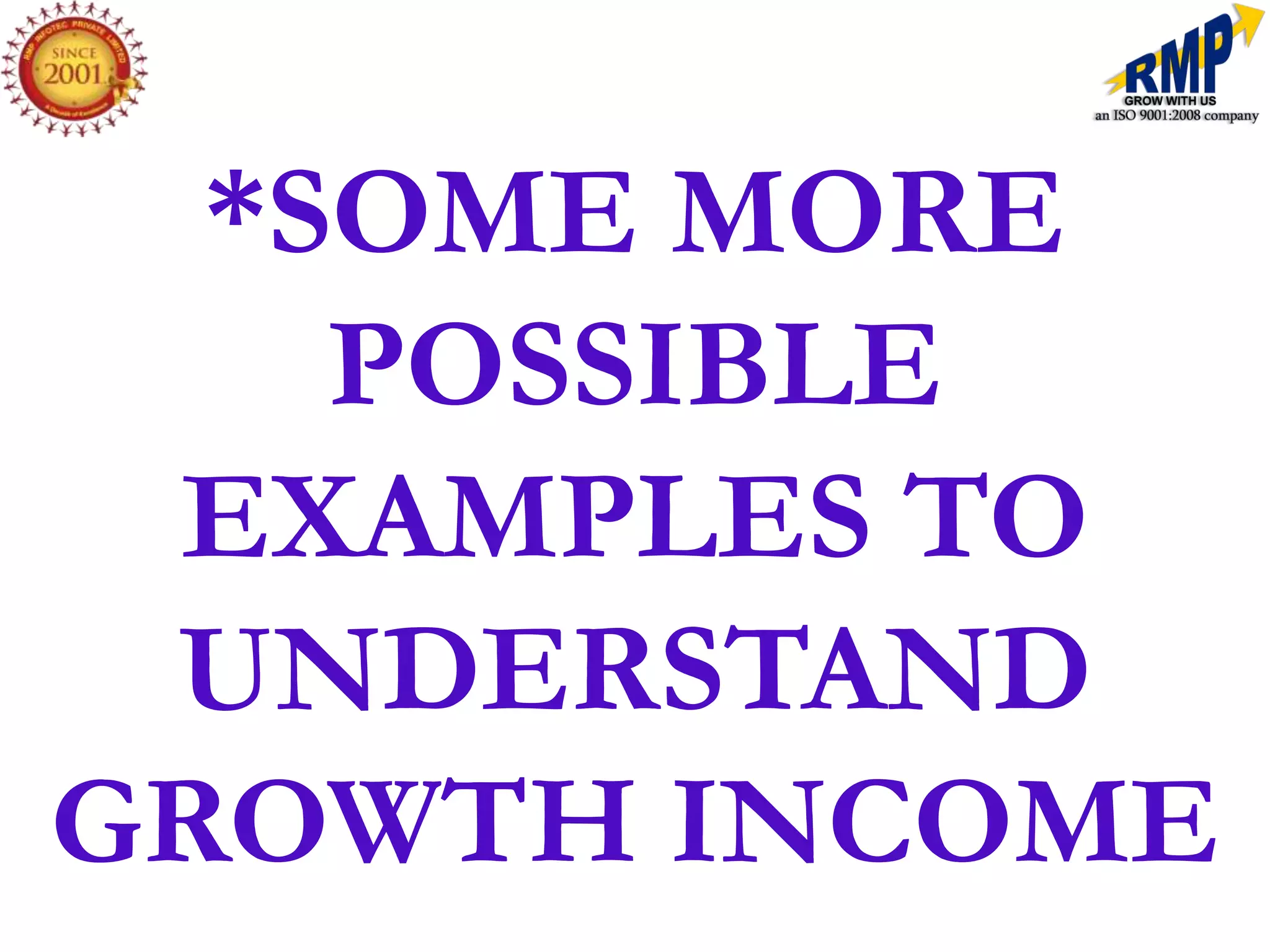 *SOME MORE
    POSSIBLE
 EXAMPLES TO
 UNDERSTAND
GROWTH INCOME
 