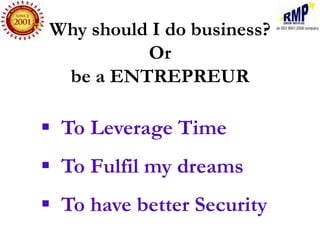 Why should I do business?
          Or
 be a ENTREPREUR

 To Leverage Time
 To Fulfil my dreams
 To have better Security
 