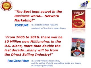 “The Best kept secret in the
     Business world... Network
     Marketing!”
      FORTUNE       is a Global Business Magazine
                    published by Time Inc.'s Money Group




“From 2006 to 2016, there will be
10 Million new Millionaires in the
U.S. alone, more than double the
last decade...many will be from
the Direct Selling Industry!”
 Paul Zane Pilzer   is a world-renowned economist,
                    and the author of eight best-selling books and dozens
                    of scholarly publications
 