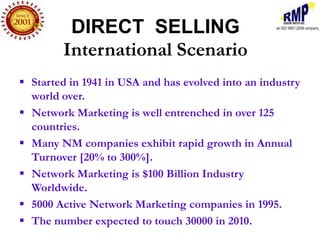 DIRECT SELLING
        International Scenario
 Started in 1941 in USA and has evolved into an industry
  world over.
 Network Marketing is well entrenched in over 125
  countries.
 Many NM companies exhibit rapid growth in Annual
  Turnover [20% to 300%].
 Network Marketing is $100 Billion Industry
  Worldwide.
 5000 Active Network Marketing companies in 1995.
 The number expected to touch 30000 in 2010.
 
