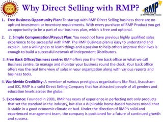 Why Direct Selling with RMP?
1. Free Business Opportunity Plan: To startup with RMP Direct Selling business there are no
   upfront investment or inventory requirements. With every purchase of RMP Product you get
   an opportunity to be a part of our business plan, which is free and optional.
2. 2. Simple Compensation/Payout Plan: You need not have previous highly qualified sales
   experience to be successful with RMP. The RMP Business plan is easy to understand and
   explain. Just a willingness to learn things and a passion to help others improve their lives is
   enough to build a successful network of Independent Distributors.
3. Free Back Office/Business centre: RMP offers you the free back office or what we call
    Business centre, to manage and monitor your business round the clock. Your back office
    offers you the real time view of sales in your organization along with various reports and
    business tools.
4. Worldwide Credibility: A member of various prestigious organizations like Ficci, Assocham
    and ICC, RMP is a solid Direct Selling Company that has attracted people of all genders and
    education levels across the globe.
5. Experience: Founded in 2001, RMP has years of experience in perfecting not only products
    that set the standard in the industry, but also a duplicable home-based business model that
    is stable in a good economic climate or bad. Under the direction of RMP’s solid and
    experienced management team, the company is positioned for a future of continued growth
    and success.
 