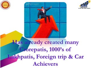 Has already created many
    Crorepatis, 1000’s of
Lakhpatis, Foreign trip & Car
         Achievers
 