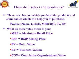 How do I select the products?
 There is a chart on which you have the products and
  some values which will help you to purchase.
     Product Name, Details, MRP, RSP, PV, BV
 What do these value mean to you?
   MRP = Maximum Retail Price
     RSP = RMP Selling Price
     PV = Point Value
     BV = Business Volume
     COV= Cumulative Organizational Value
 