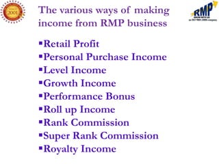 The various ways of making
income from RMP business
Retail Profit
Personal Purchase Income
Level Income
Growth Income
Performance Bonus
Roll up Income
Rank Commission
Super Rank Commission
Royalty Income
 