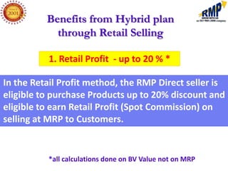 Benefits from Hybrid plan
            through Retail Selling

          1. Retail Profit - up to 20 % *

In the Retail Profit method, the RMP Direct seller is
eligible to purchase Products up to 20% discount and
eligible to earn Retail Profit (Spot Commission) on
selling at MRP to Customers.


          *all calculations done on BV Value not on MRP
 