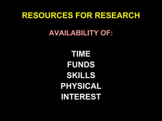 RESOURCES FOR RESEARCH
AVAILABILITY OF:
TIME
FUNDS
SKILLS
PHYSICAL
INTEREST
 