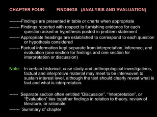 CHAPTER FOUR: FINDINGS (ANALYSIS AND EVALUATION)
--------Findings are presented in table or charts when appropriate
------- Findings reported with respect to furnishing evidence for each
question asked or hypothesis posted in problem statement
------- Appropriate headings are established to correspond to each question
or hypothesis considered
------- Factual information kept separate from interpretation, inference, and
evaluation (one section for findings and one section for
interpretation or discussion)
Note: In certain historical, case study and anthropological investigations,
factual and interpretive material may meet to be interwoven to
sustain interest level, although the text should clearly reveal what is
fact and what is interpretation.
------ Separate section often entitled “Discussion”, “Interpretation”, or
“Evaluation” ties together findings in relation to theory, review of
literature, or rationale.
------- Summary of chapter
 