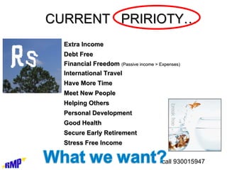 CURRENT  PRIRIOTY… Extra Income Debt Free Financial Freedom  (Passive income > Expenses) International Travel Have More Time Meet New People Helping Others Personal Development Good Health Secure Early Retirement Stress Free Income 