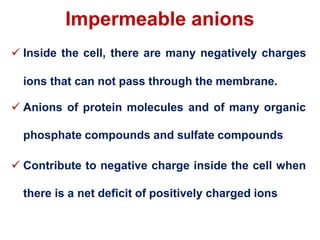 Impermeable anions
 Inside the cell, there are many negatively charges
ions that can not pass through the membrane.
 Anions of protein molecules and of many organic
phosphate compounds and sulfate compounds
 Contribute to negative charge inside the cell when
there is a net deficit of positively charged ions
 