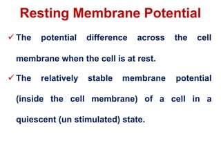 Resting Membrane Potential
 The potential difference across the cell
membrane when the cell is at rest.
 The relatively stable membrane potential
(inside the cell membrane) of a cell in a
quiescent (un stimulated) state.
 