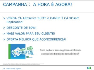 CAMPANHA : A HORA É AGORA!


> VENDA CA ARCserve SUITE e GANHE 2 CA XOsoft
  Replication!

> DESCONTE DE 60%!

> MAIS VALOR PARA SEU CLIENTE!

> OFERTA MELHOR QUE ACONCORRENCIA!




Copyright © 2009 CA. All rights reserved. No unauthorized copying or distribution permitted. Information subject to change.
All trademarks, trade names, service marks and logos referenced herein belong to their respective companies.




23       Better Results. Together.
 