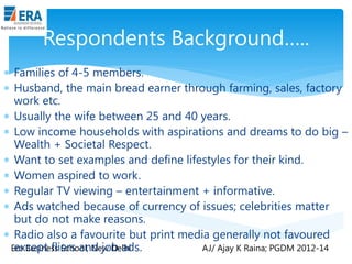 Respondents Background…..
 Families of 4-5 members.
 Husband, the main bread earner through farming, sales, factory
work etc.
 Usually the wife between 25 and 40 years.
 Low income households with aspirations and dreams to do big –
Wealth + Societal Respect.
 Want to set examples and define lifestyles for their kind.
 Women aspired to work.
 Regular TV viewing – entertainment + informative.
 Ads watched because of currency of issues; celebrities matter
but do not make reasons.
 Radio also a favourite but print media generally not favoured
except fliers and job ads.
Era Business School, New Delhi
AJ/ Ajay K Raina; PGDM 2012-14

 