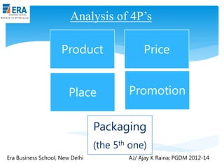 Analysis of 4P’s
Product

Price

Place

Promotion

Packaging
(the 5th one)
Era Business School, New Delhi

AJ/ Ajay K Raina; PGDM 2012-14

 