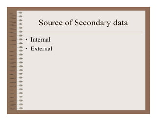 Source of Secondary data
• Internal
• External
 