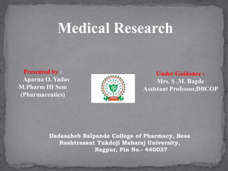 Medical Research
Dadasaheb Balpande College of Pharmacy, Besa
Rashtrasant Tukdoji Maharaj University,
Nagpur, Pin No.- 440037
Presented by :
Aparna O. Yadav
M.Pharm III Sem
(Pharmaceutics)
Under Guidance :
Mrs. S .M. Bagde
Assistant Professor,DBCOP
1
 