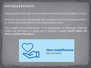 8
NON-MALEFICENCE
•Requires that a procedure does not harm the patient involved or others in society.
•Infertility specialists operate under the assumptions that they are doing no harm
or at least minimizing harm by pursuing the greater good.
•An example of non-maleficence: If an incompetent, or chemically impaired,
health care practitioner is taking care of patients, a nurse should report the
abuse to protect the patient.
 