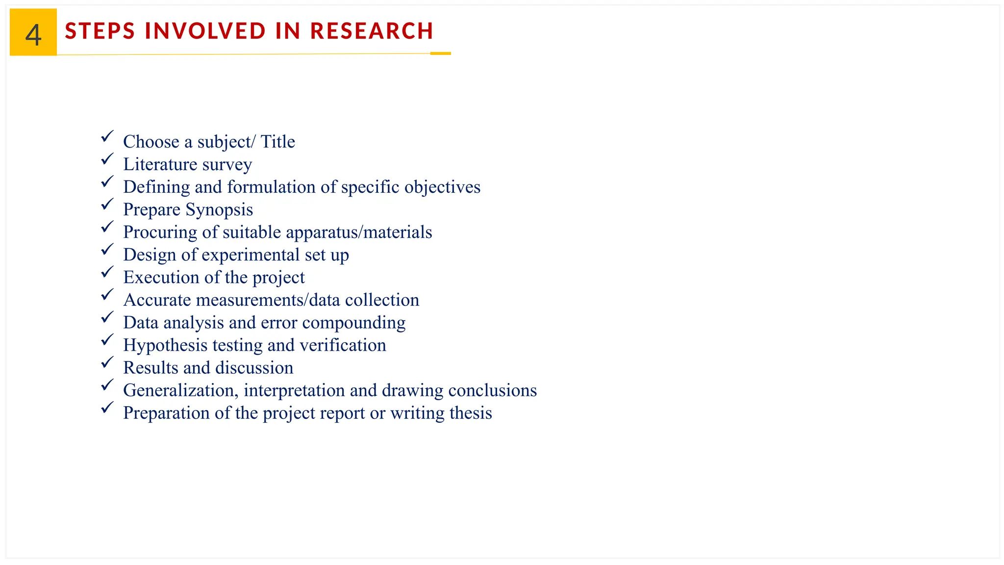 4 STEPS INVOLVED IN RESEARCH
 Choose a subject/ Title
 Literature survey
 Defining and formulation of specific objectives
 Prepare Synopsis
 Procuring of suitable apparatus/materials
 Design of experimental set up
 Execution of the project
 Accurate measurements/data collection
 Data analysis and error compounding
 Hypothesis testing and verification
 Results and discussion
 Generalization, interpretation and drawing conclusions
 Preparation of the project report or writing thesis
 